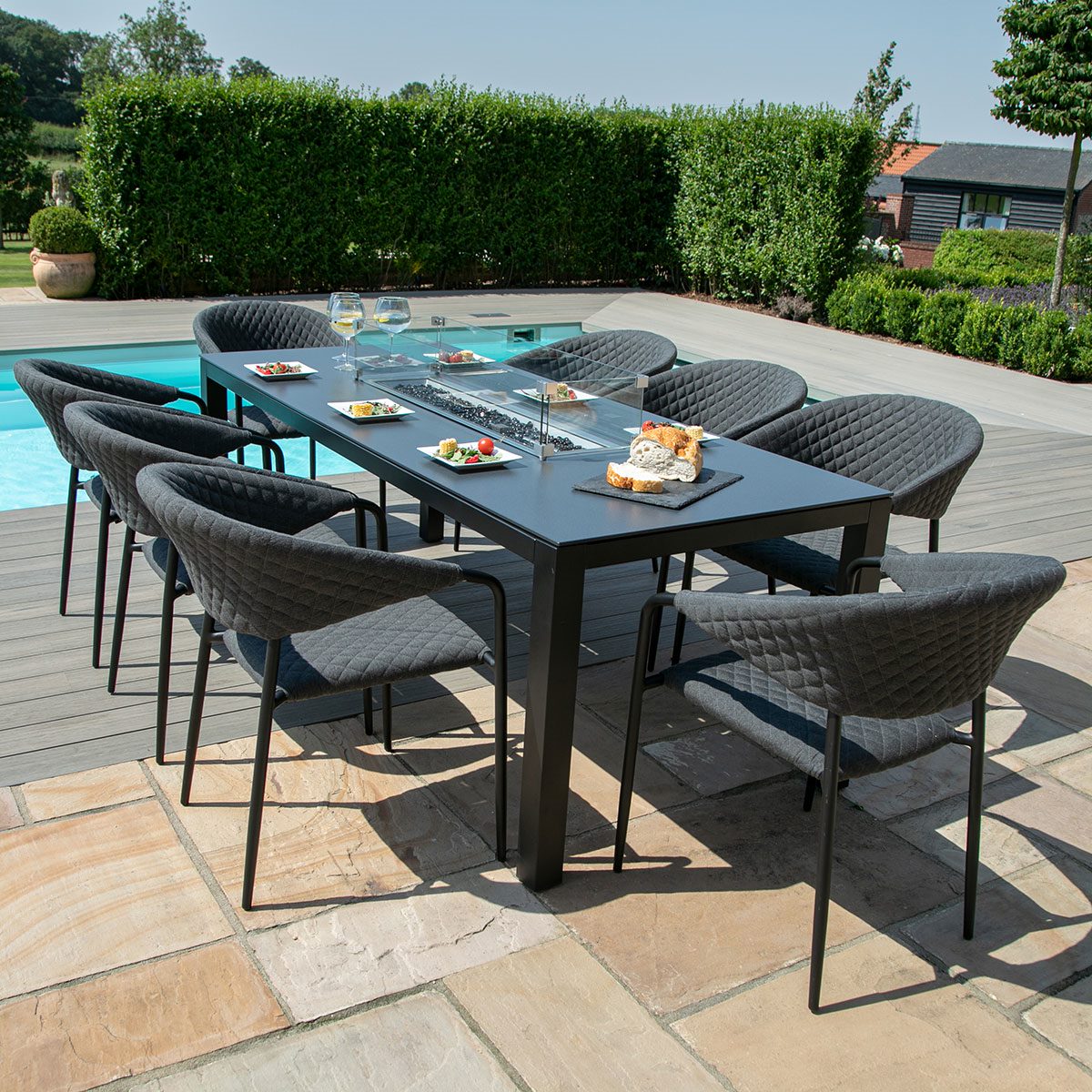 Maze Pebble 8 Seat Dining Gas Fire Pit Table Set With Grill - Alfresco Heat