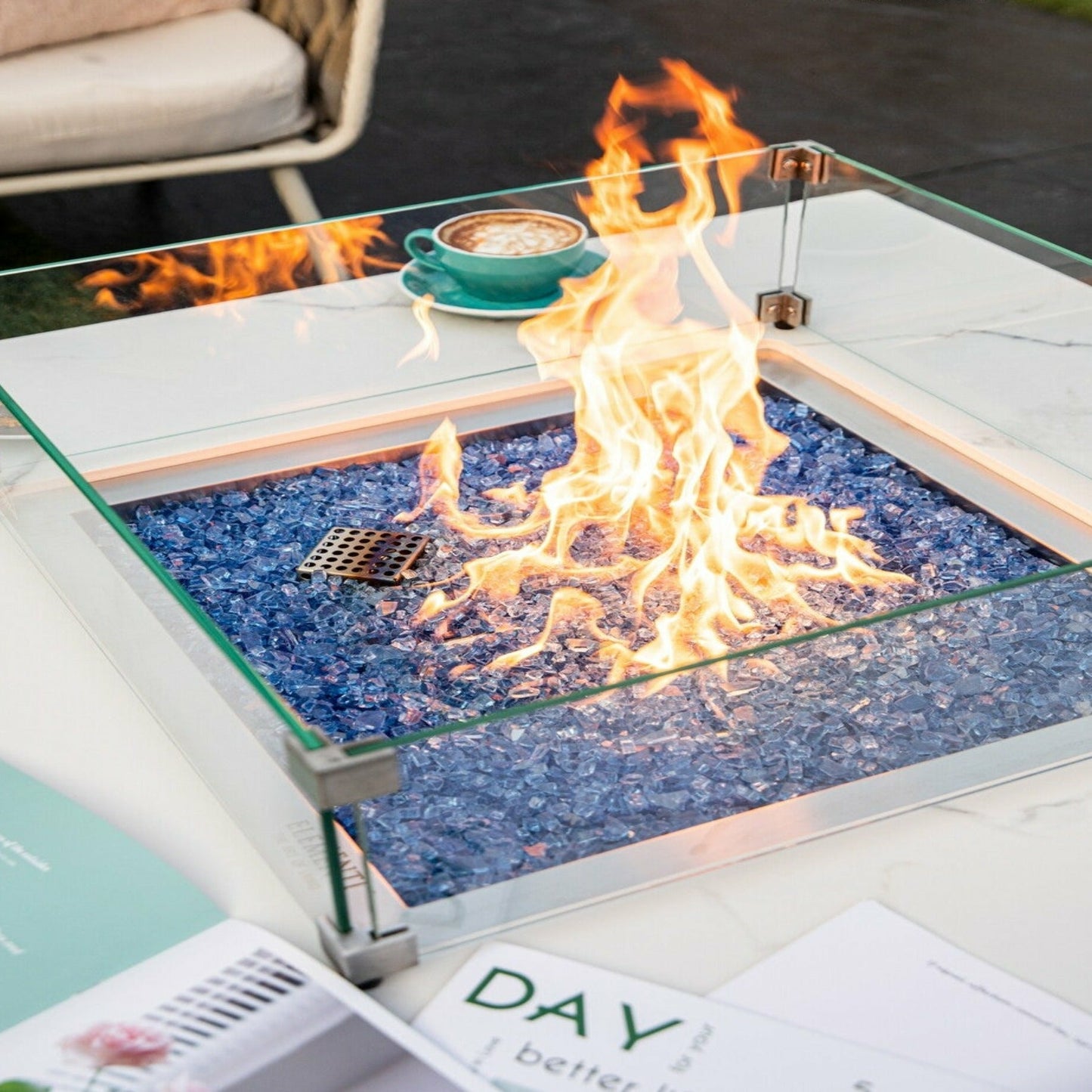 Elementi Fire Bianco Marble Gas Fire Pit Table - Alfresco Heat