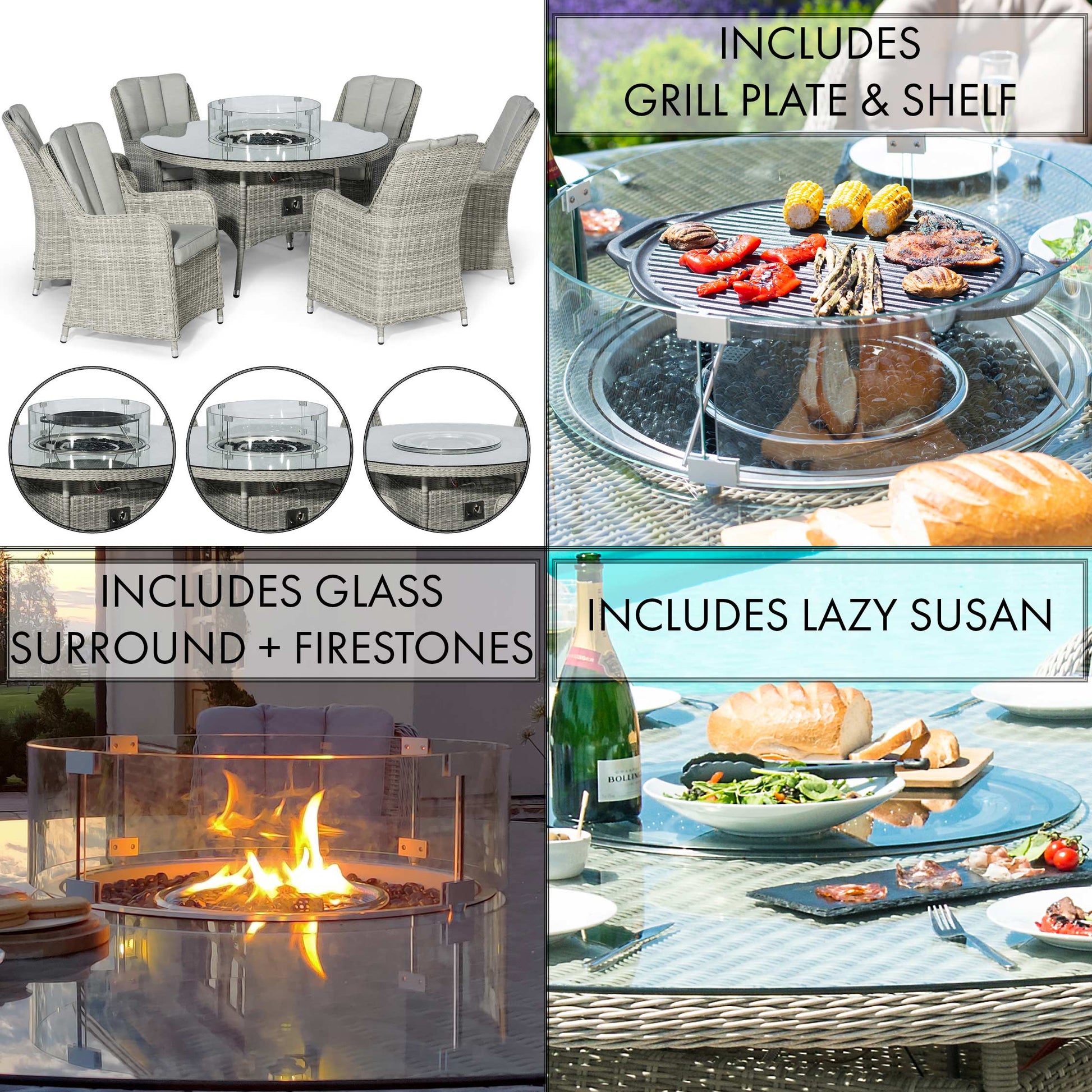 Maze Oxford 6 Seat Round Gas Fire Pit Rattan Dining Set - Alfresco Heat