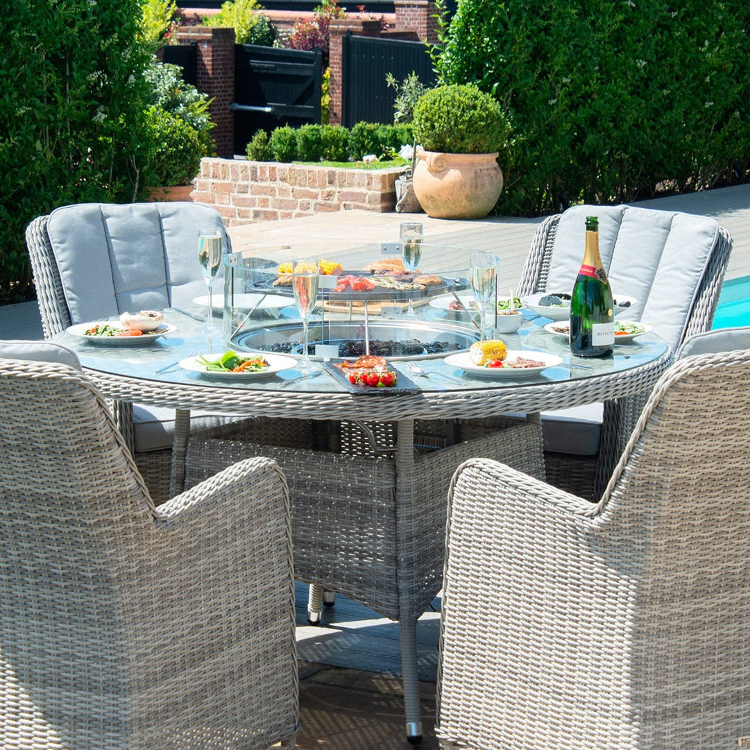 Maze Oxford 6 Seat Round Gas Fire Pit Rattan Dining Set - Alfresco Heat
