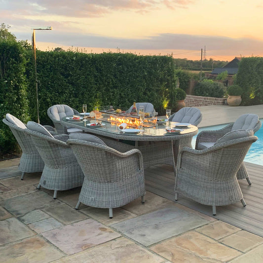 Maze Oxford Oval Gas Fire Pit and Grill Dining Set with 8 Heritage Chairs - Alfresco Heat