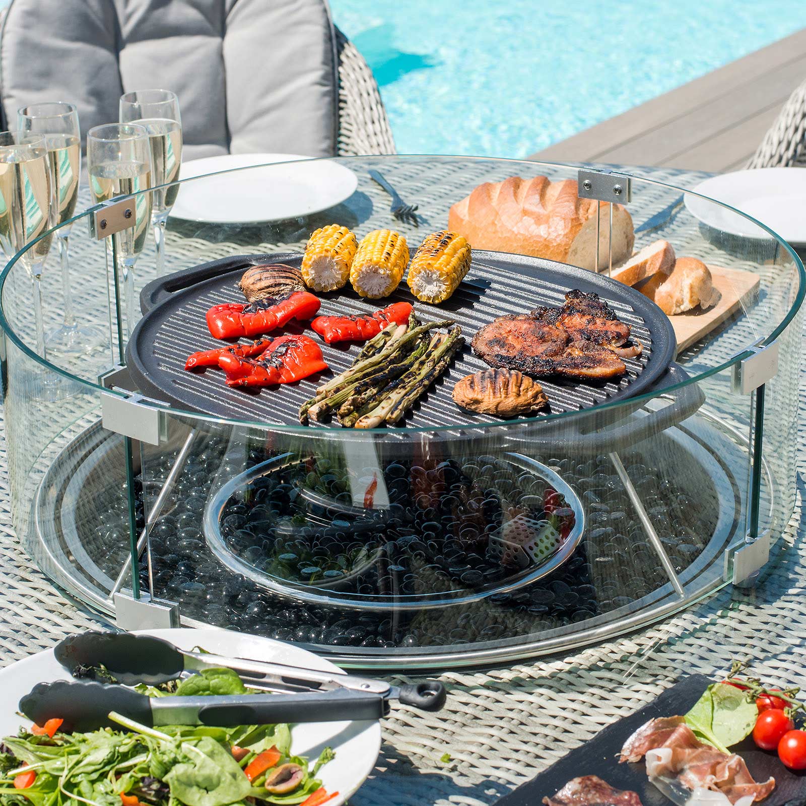 Maze Oxford 6 Seat Round Gas Fire Pit Rattan Dining Set - Alfresco Heat