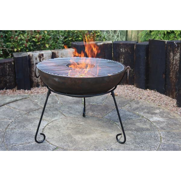 Kadai Steel Fire Pit With Stand and BBQ Grill - Alfresco Heat